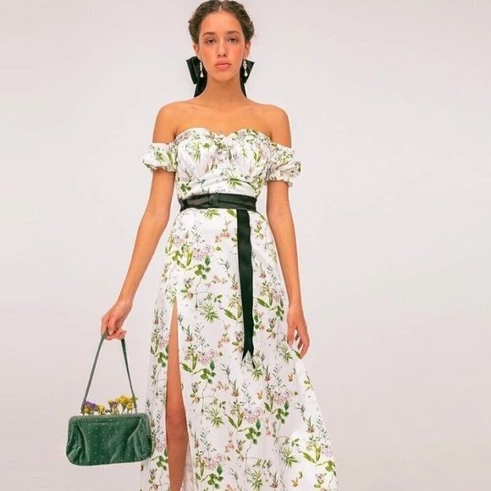Summer boho off shoulder dress white green sweetheart neckline